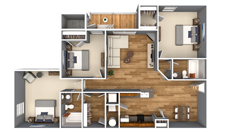 Floor plan for 3 beds, 2 baths, 1296 sqft